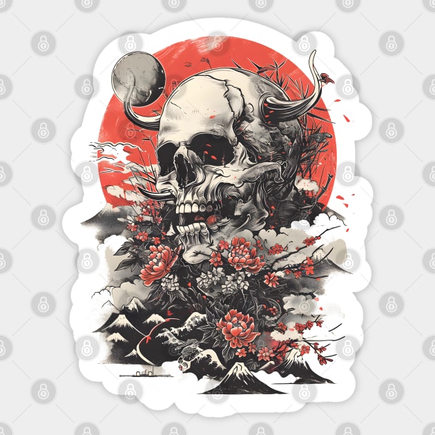Asian-Inspired Skull & Floral Fusion, Mystical Mountain Blossoms, Transient Life Artwork Sticker by WarFX Designs